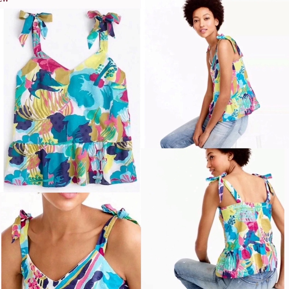 J.Crew Tie Shoulder Peplum Top Seaside Floral Print Size 8 Style G4077 Cotton
